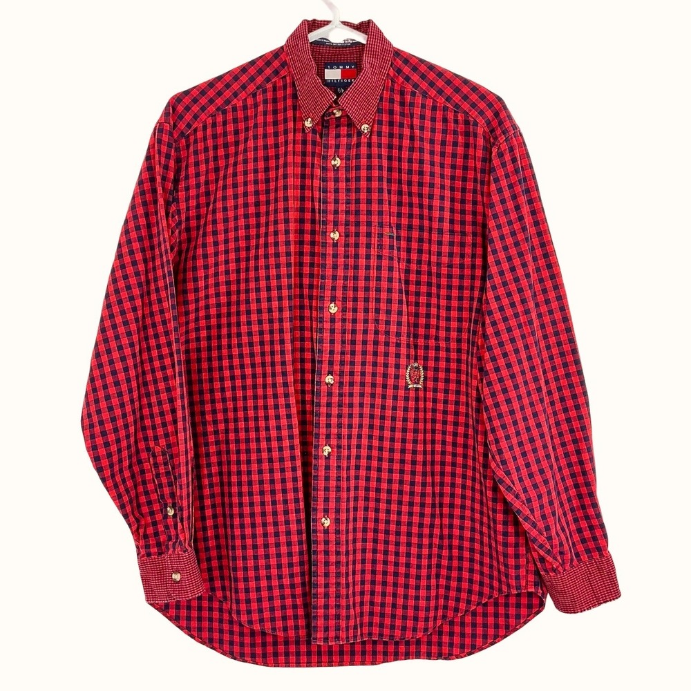 Vintage Tommy Hilfiger Red Navy Checkered LS Button Down Shirt Mens Small